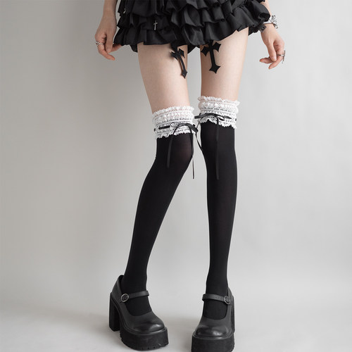 夜间教习室过膝袜子女春薄lolita蕾丝花边小腿袜蝴蝶结绑带长筒袜