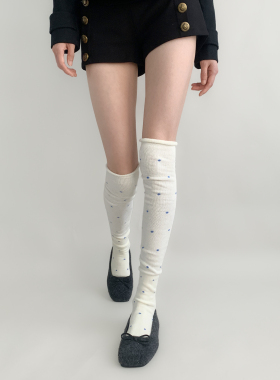 夜间教习室白色长筒袜女款春款多巴胺圆点堆堆袜jk卷边波点过膝袜