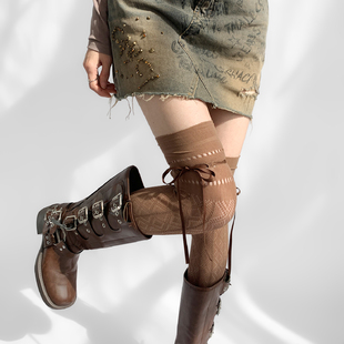 夜间教习室过膝丝袜性感蕾丝镂空菱格网袜女绑带蝴蝶结辣妹长筒袜