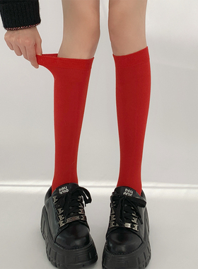 夜间教习室红色袜子女秋款本命年显瘦及膝小腿袜圣诞袜长筒新年袜