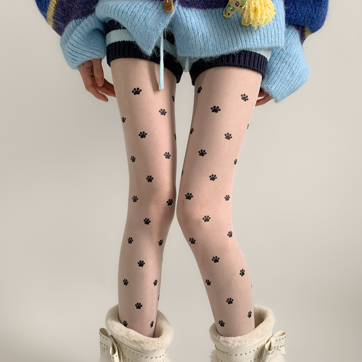 夜间教习室白色丝袜女秋冬薄款可爱猫爪印花连裤袜子辣妹性感白丝