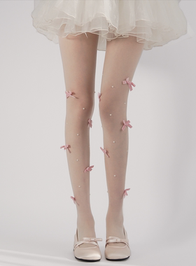 夜间教习室蝴蝶结丝袜女夏季白色日系连裤袜子薄款防勾丝珍珠白丝