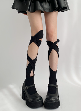 夜间教习室黑色小腿袜女夏薄款透气日系辣妹腿套y2k交叉绑带袜子