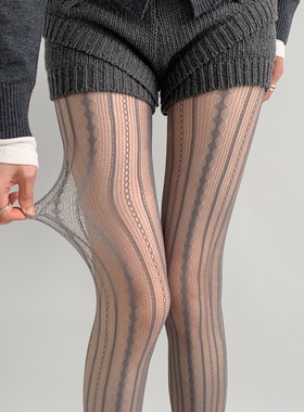 夜间教习室蕾丝丝袜复古菱格竖纹镂空辣妹灰色连裤袜子女夏季薄款