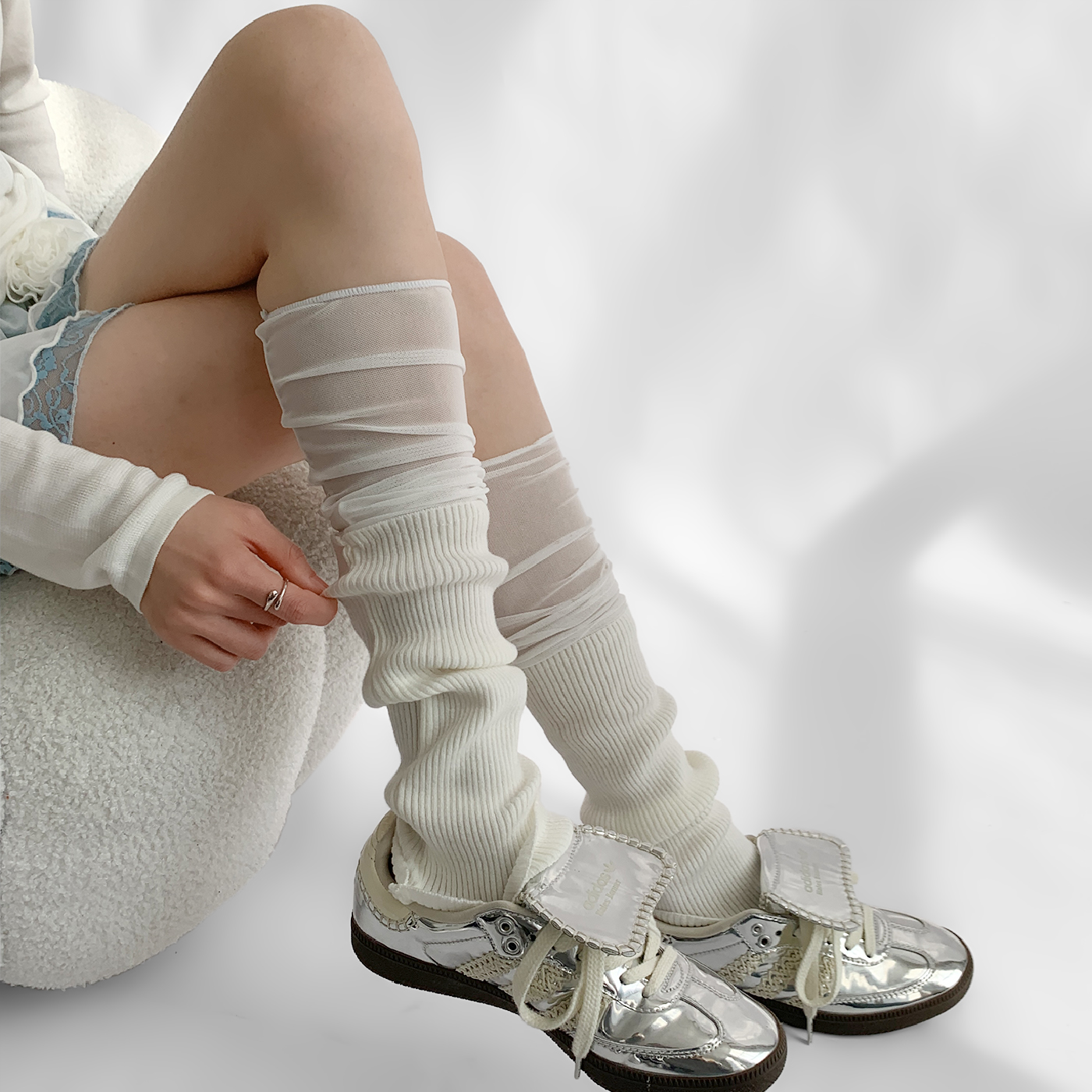 夜间教习室袜套薄款蕾丝拼接长筒针织堆堆袜女夏季网纱白色小腿套