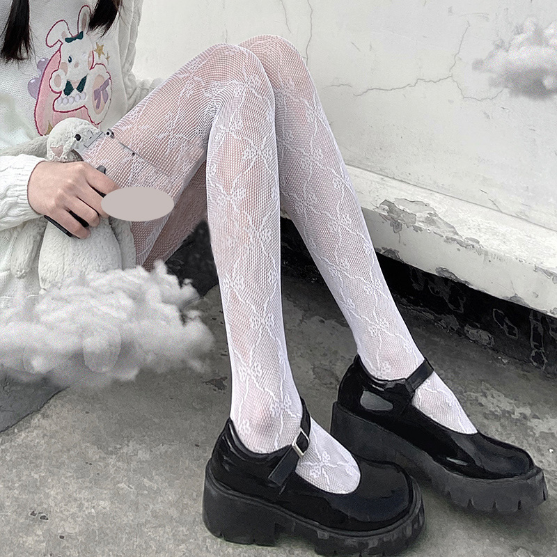 白色红蝴蝶结软萌美腿镂空丝袜