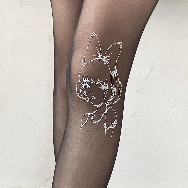 夜间教习室丝袜女春秋黑色薄款卡通图案少女洛丽塔袜子jk性感黑丝