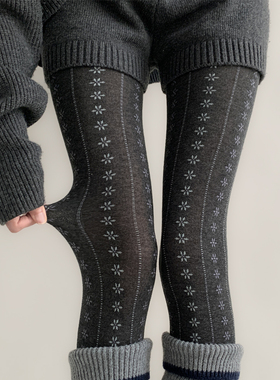 夜间教习室灰色连裤袜女秋冬保暖复古文艺碎花竖条纹外穿打底裤子