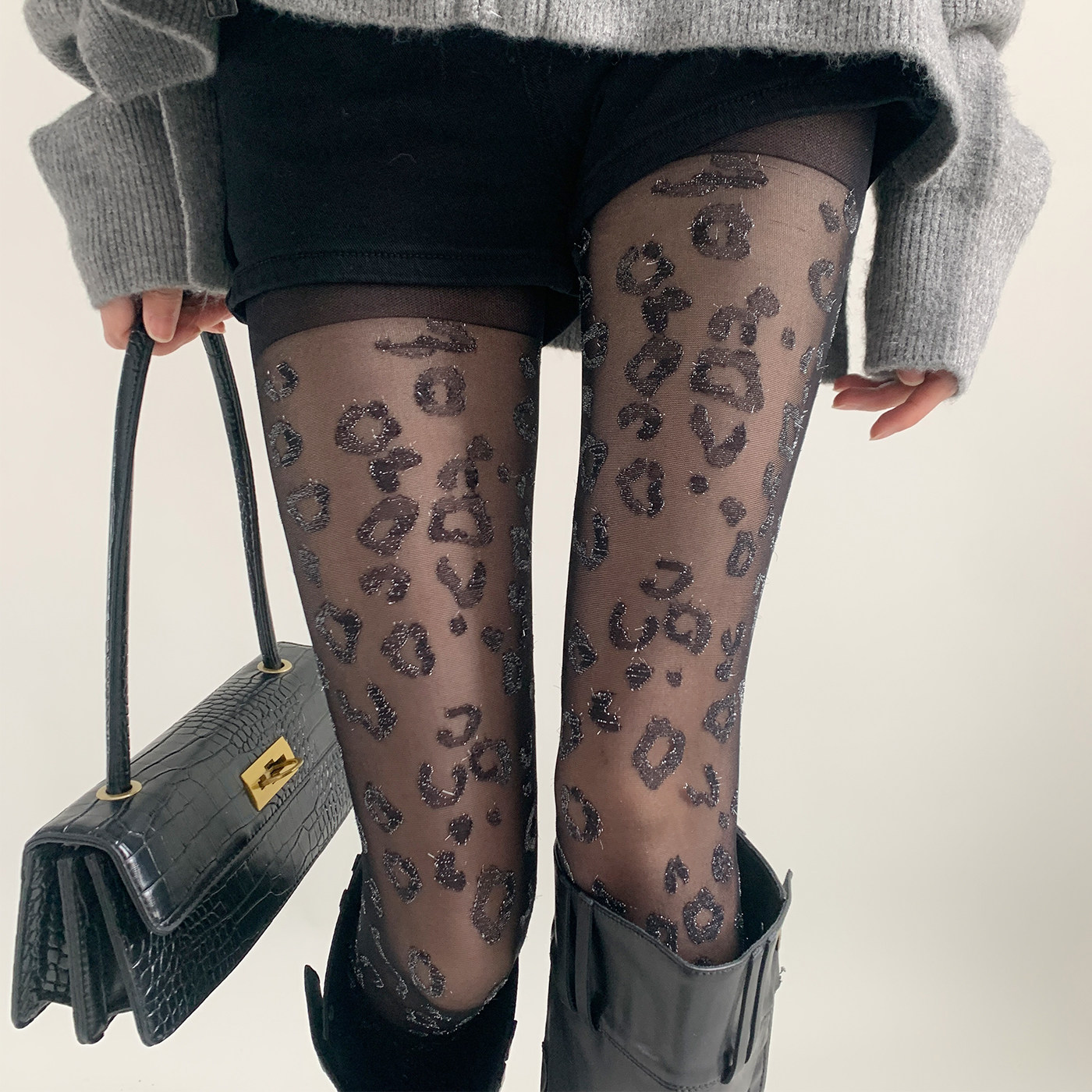 夜间教习室黑色丝袜女秋冬复古豹纹印花连裤袜子银丝细闪性感黑丝