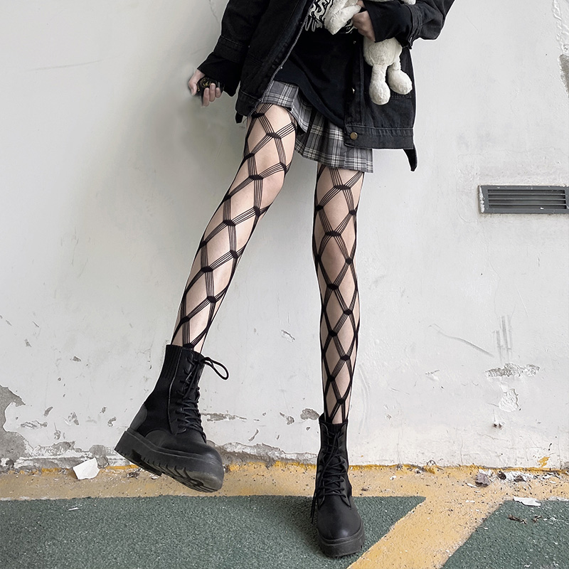 夜间实验黑色丝袜女春秋性感渔网袜镂空jk黑丝ins潮大网格袜子夏