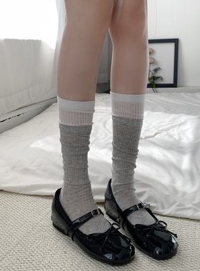夜间教习室白色袜子女春薄款中筒拼接撞色堆堆袜芭蕾风长筒小腿袜