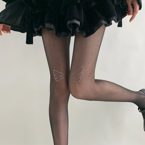 夜间教习室黑色丝袜女春秋款lolita烫钻翅膀连裤袜不掉档性感黑丝