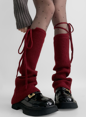 夜间教习室红色袜套堆堆袜蝴蝶结绑带小腿袜jk喇叭圣诞大红色腿套