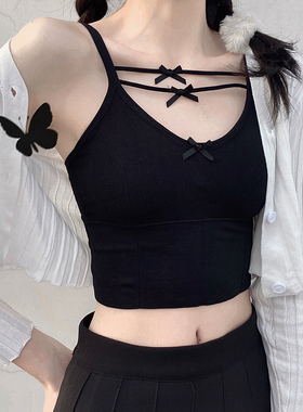 夜间教习室蝴蝶结纯色吊带背心女外穿内搭春季带胸垫背心胸罩黑色