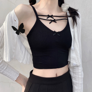夜间教习室蝴蝶结纯色吊带背心女外穿内搭夏季 带胸垫背心胸罩黑色
