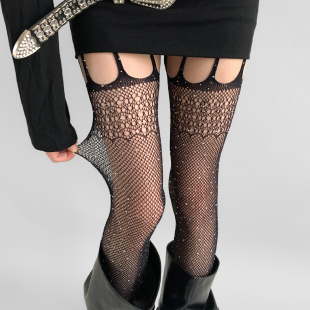 夜间教习室黑色吊带袜性感镂空闪钻渔网袜薄女一体式 长筒丝袜春款