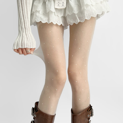 夜间教习室波点丝袜春款女薄款0d防勾丝白丝蝴蝶结性感白色连裤袜