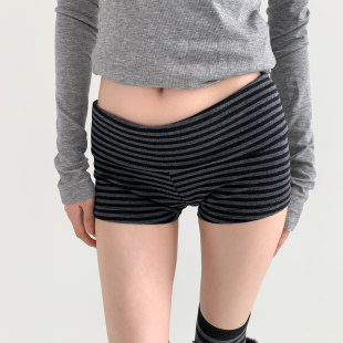 复古灰色条纹打底裤 夜间教习室翻边短裤 性感辣妹瑜伽热裤 春款 女款