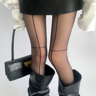 夜间教习室黑色丝袜小众设计感高透性感美腿袜十字线黑丝女夏薄款