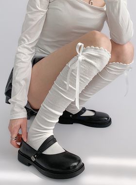 夜间教习室长筒袜女春秋白色花边小腿袜子春夏洛丽塔过膝袜蝴蝶结