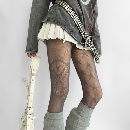 夜间教习室镂空蕾丝连裤袜超薄细网灰色丝袜夏天星星灰丝渔网袜女