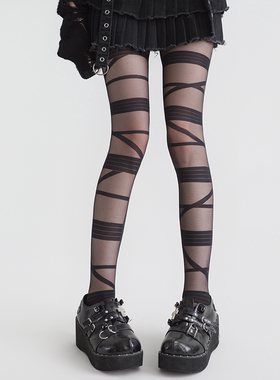 夜间教习室黑色丝袜女夏薄款洛丽塔白色交叉绑带日系辣妹性感黑丝