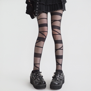 夜间教习室黑色丝袜女夏薄款 洛丽塔白色交叉绑带日系辣妹性感黑丝