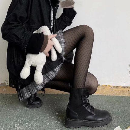 夜间教习室黑色丝袜女夏季印花ins网格连裤黑丝jk性感网红袜子薄
