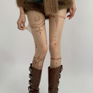 夜间教习室肉色丝袜女夏薄款 袜子 千禧辣妹海娜纹身y2k亚文化连裤