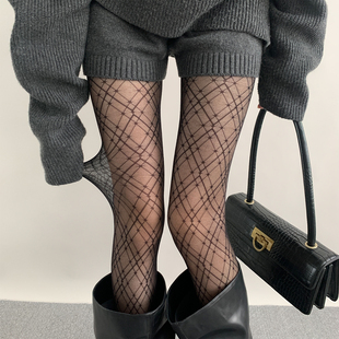 夜间教习室丝袜女春秋款 袜透肤辣妹性感黑丝 复古交叉菱格线条连裤