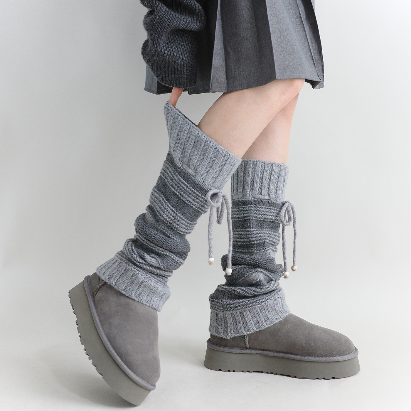 夜间教习室袜套女春秋款条纹针织长筒堆堆袜子蝴蝶结绑带拼接腿套