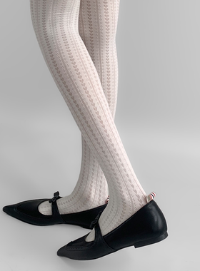 夜间教习室白色连裤袜女款春款法式爱心提花打底袜子条纹白丝纯欲