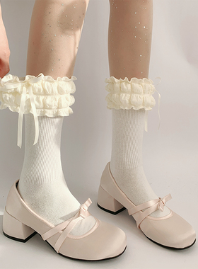 夜间教习室洛丽塔袜子女秋款蝴蝶结花边袜日系可爱中筒袜白色长袜