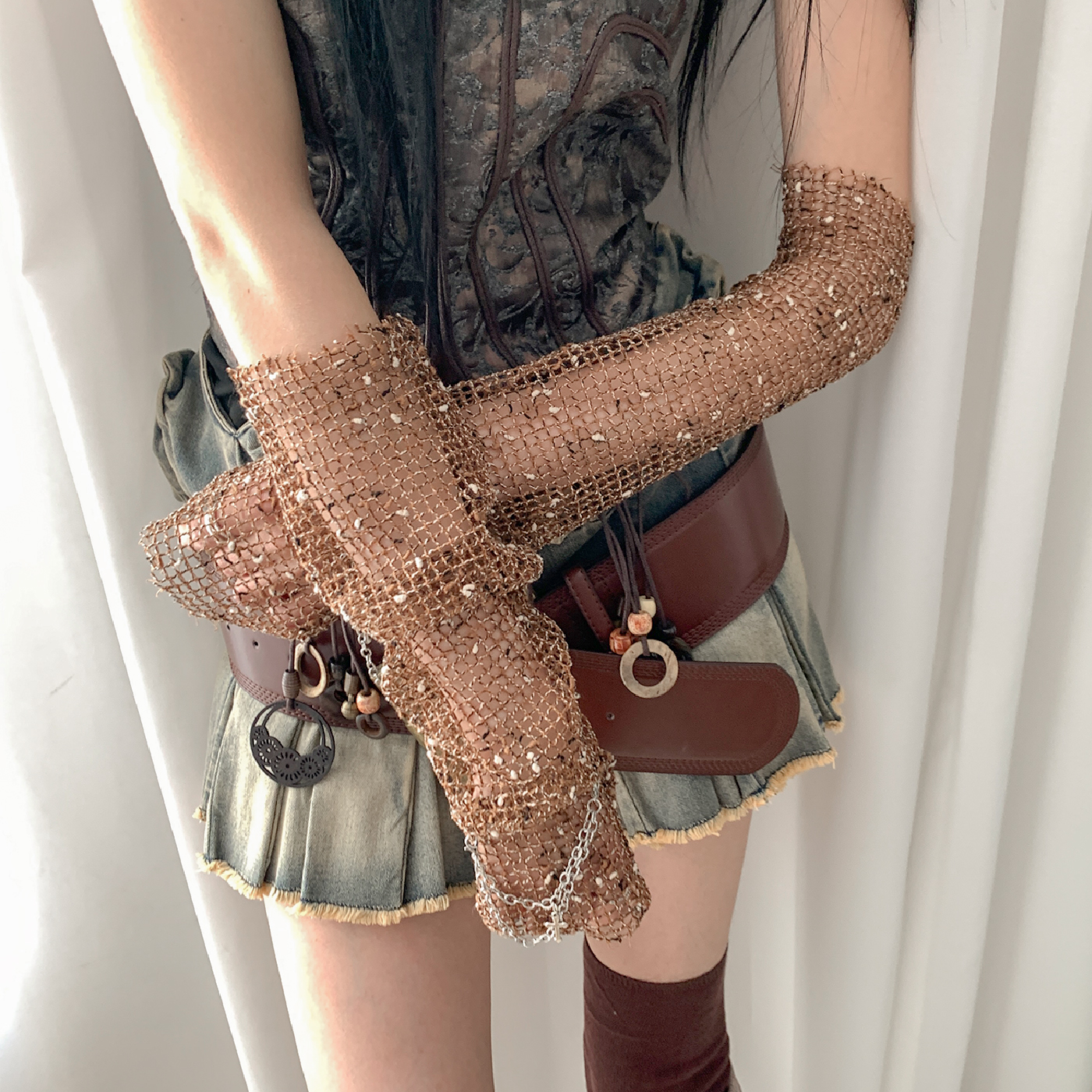 夜间教习室废土风袖套女夏薄款复古辣妹镂空渔网手臂套y2k亚文化