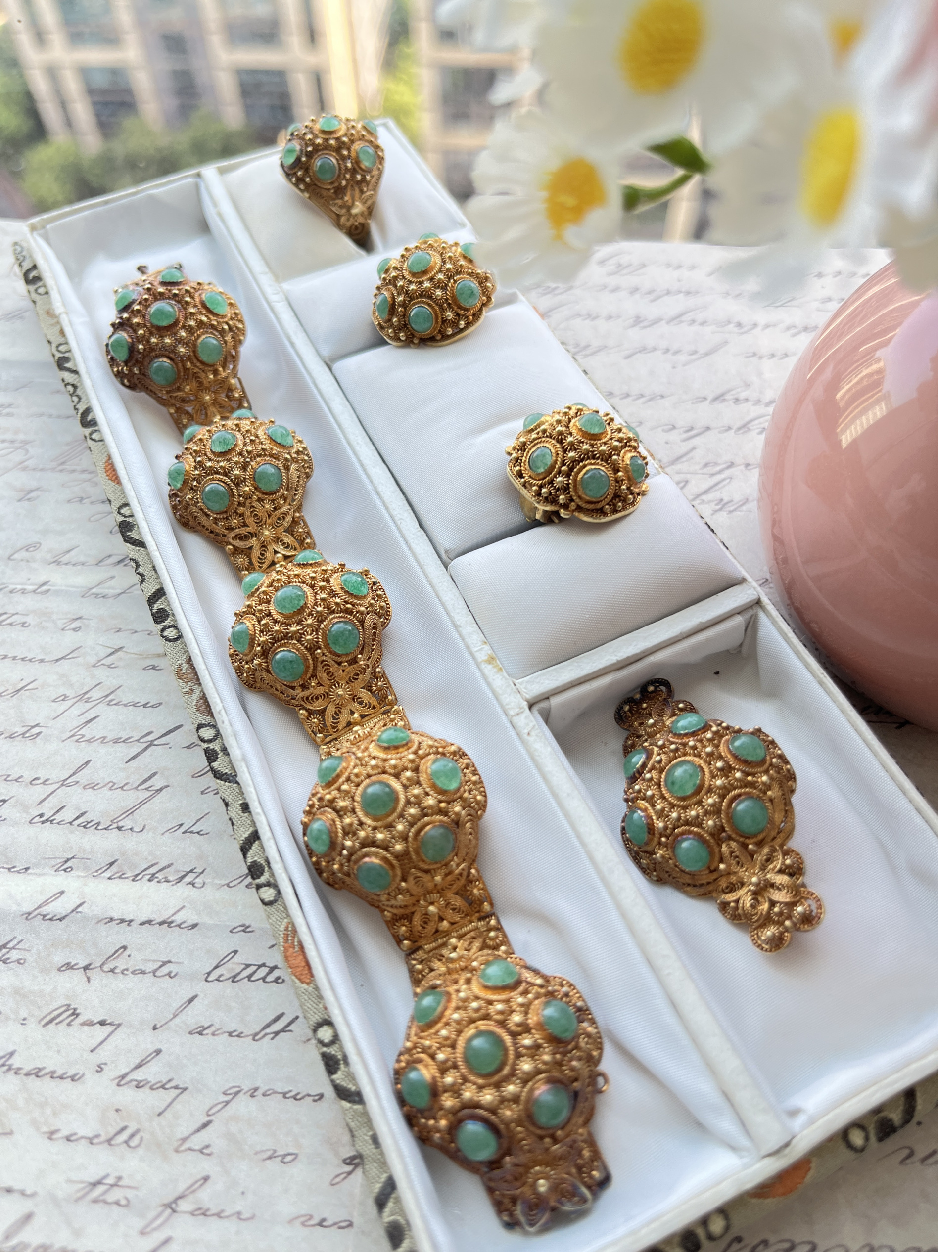 银鎏金花丝镶嵌老玉套装,古人的审美永远都是在线的