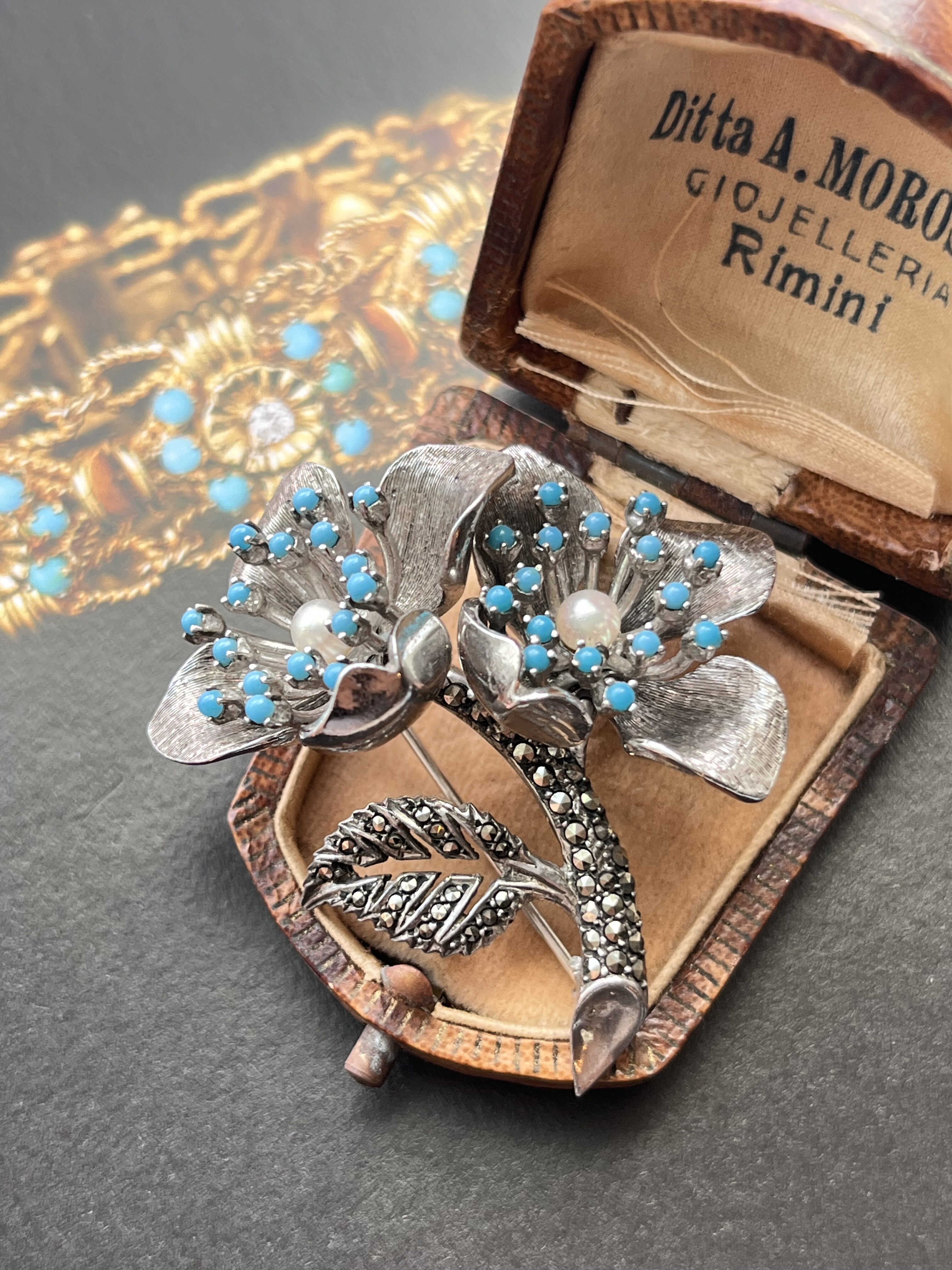 古董珠宝纯银花朵镶珍珠绿松石马克赛胸针，尺寸4.6*4.6cm重22克