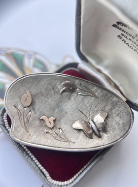 金银叠打工艺欧洲古董首饰蝴蝶兰花老银胸针尺寸4.78*2.9重12g