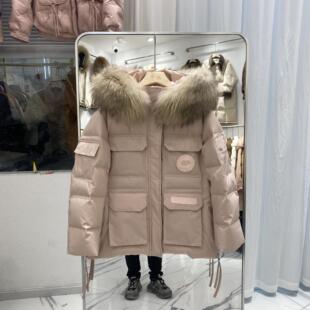 外贸款羽绒棉服女短款加厚大毛领粉色工装派克服2026新款外套