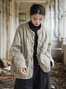26冬季女装新款苎麻扎染夹棉绗缝保暖棉服棉袄改良个性女式小棉衣