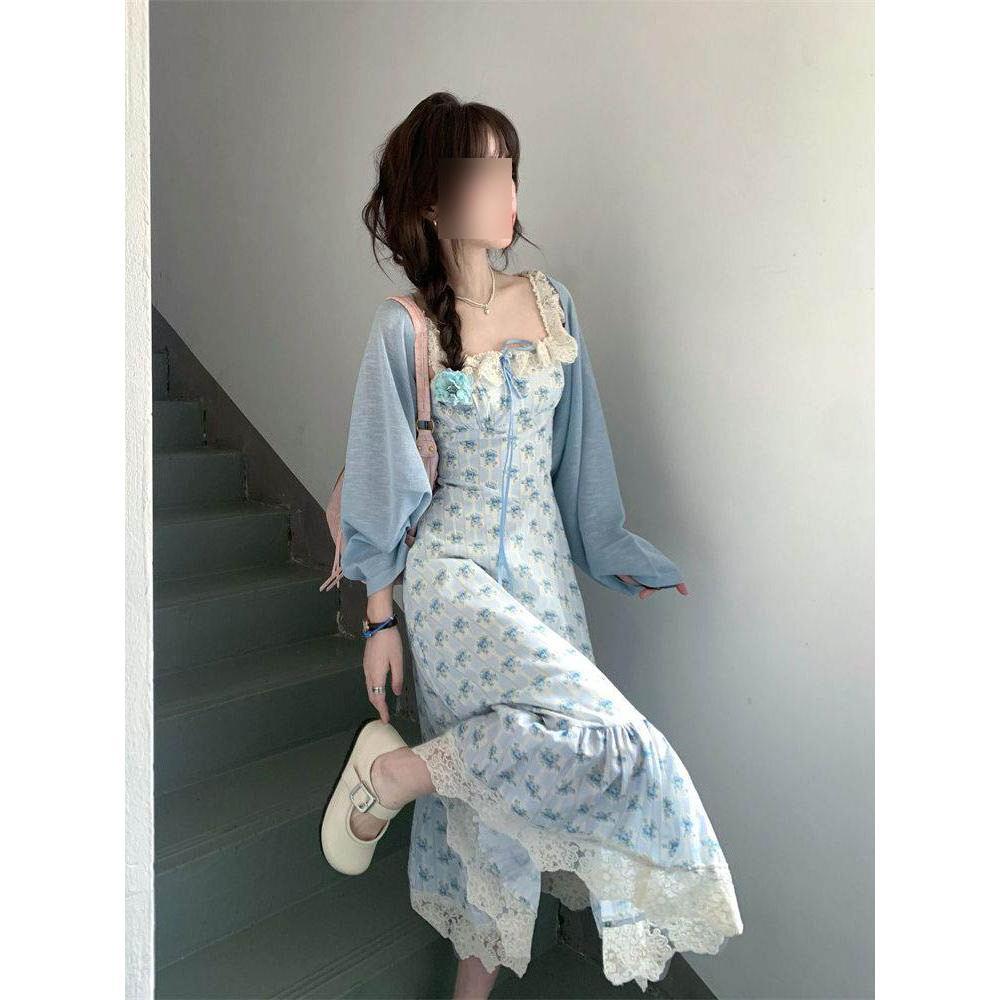 韩系温柔风收腰显瘦娃娃领设计感碎花度假风海边花边吊带连衣裙夏