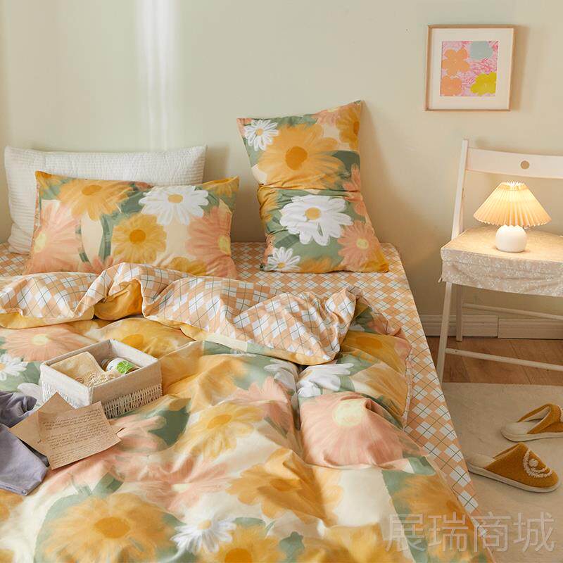 高档浪漫棉油画花卉纯四件套向日米葵床单纯棉被套1.米52.1套
