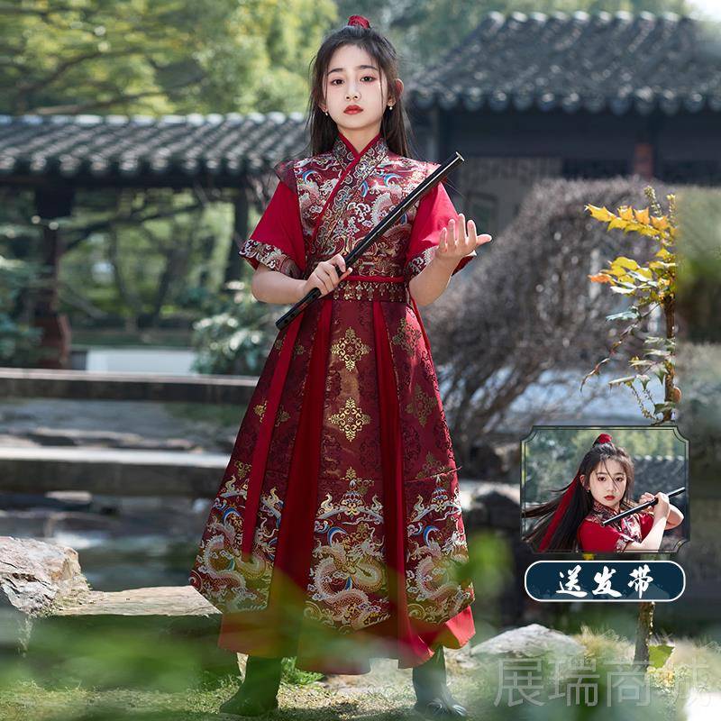 高档女童花木兰服装儿童汉服夏季侠短中国风袖女剑客cs将军o古装图片