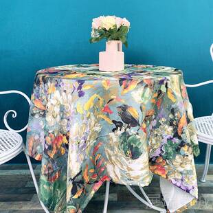 高档美式轻奢古油画色花几卉绿复桌布家用茶台布书桌盖巾