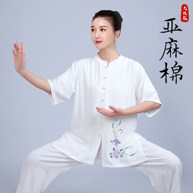 李宁联名麻短袖太极服女新款透气八段锦太极拳2024服亚麻棉练功夏