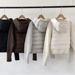 棉服女2025冬季新款韩版轻薄拼接羽绒假两件外套针织毛衣短款上衣
