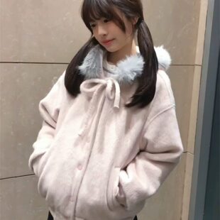 秋冬2025新款粉色毛呢甜美毛衣外套女宽松加绒加厚韩系学院风上衣