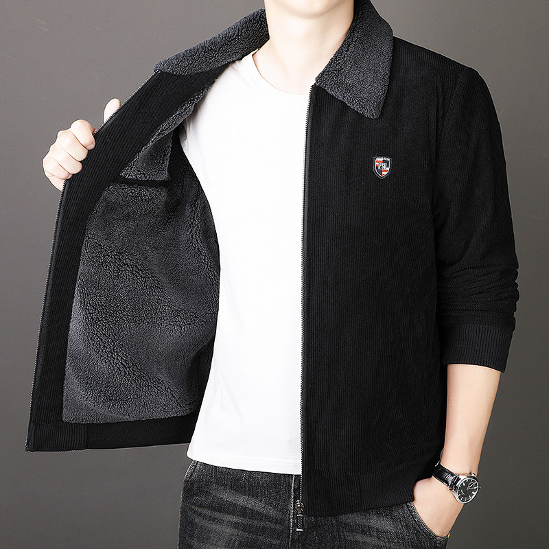高端灯芯绒外套男士加绒加厚2025春秋冬新款中年商务翻领休闲夹克