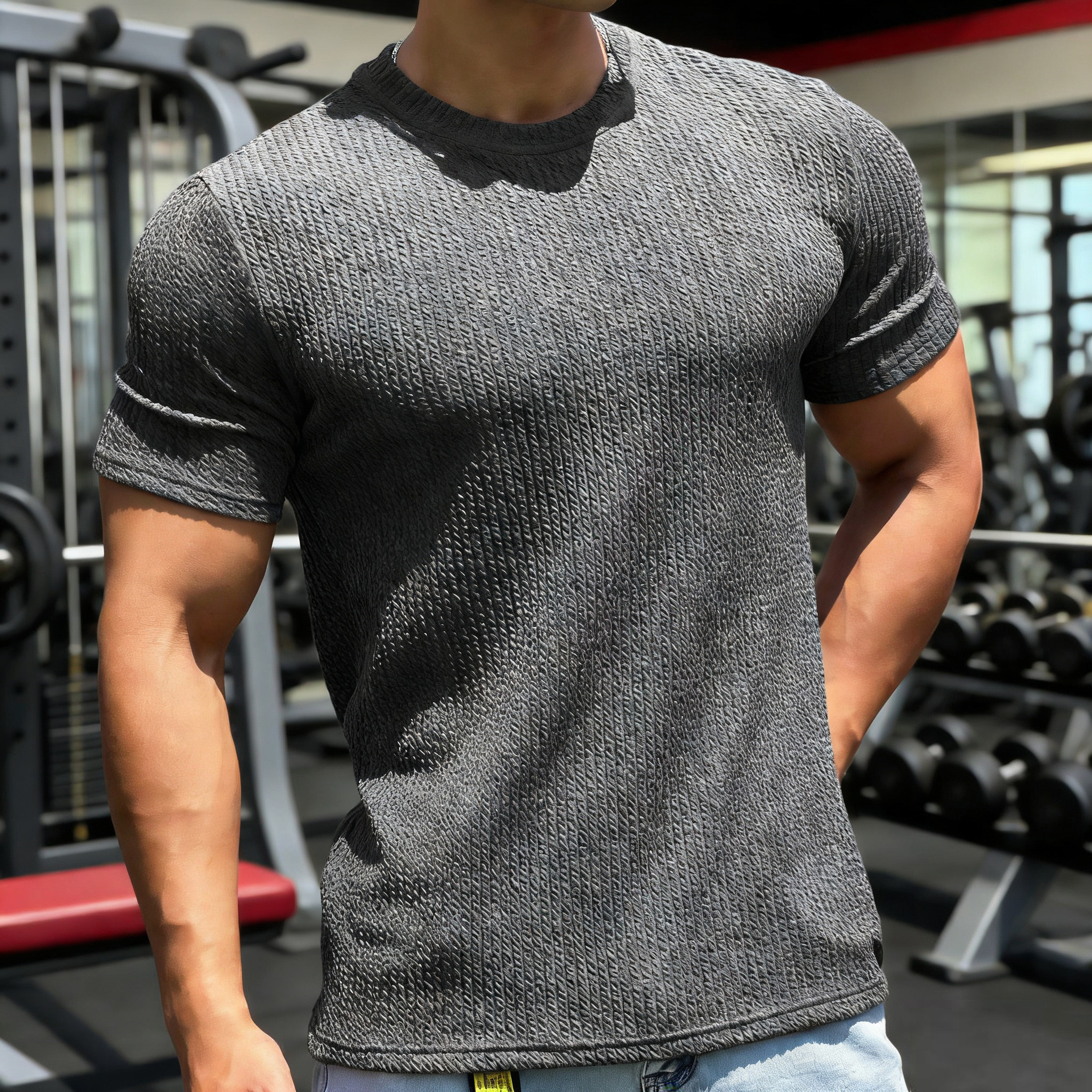 健身短袖男士跑步休闲肌理条纹舒适上衣训练上衣弹力运动透气T恤,运动服/休闲服装,健身衣,淘宝优惠券,粉丝福利购,淘宝优惠卷