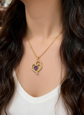 钛钢设计感心心相印双层爱心紫色水晶项链精致镂空双微镶桃心锁骨