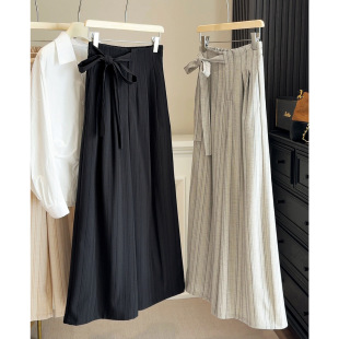 宽松百搭垂感长裤 女春2026新款 休闲裤 感条纹绑带显瘦高腰西装